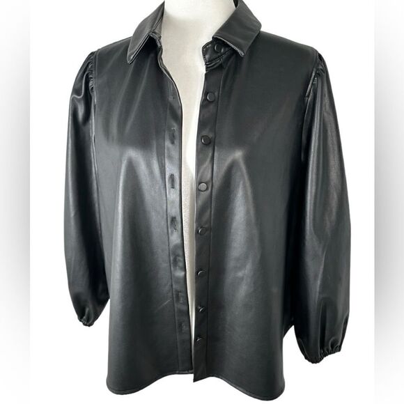BCBGeneration Black Faux Leather Button Front Shirt - Picture 4 of 10